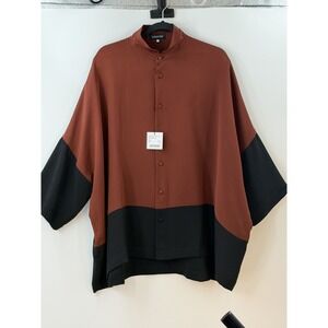 Eskandar Silk Colorblock Shirt Jacket Size 1 Chestnut Black Oversized W20/ECE07